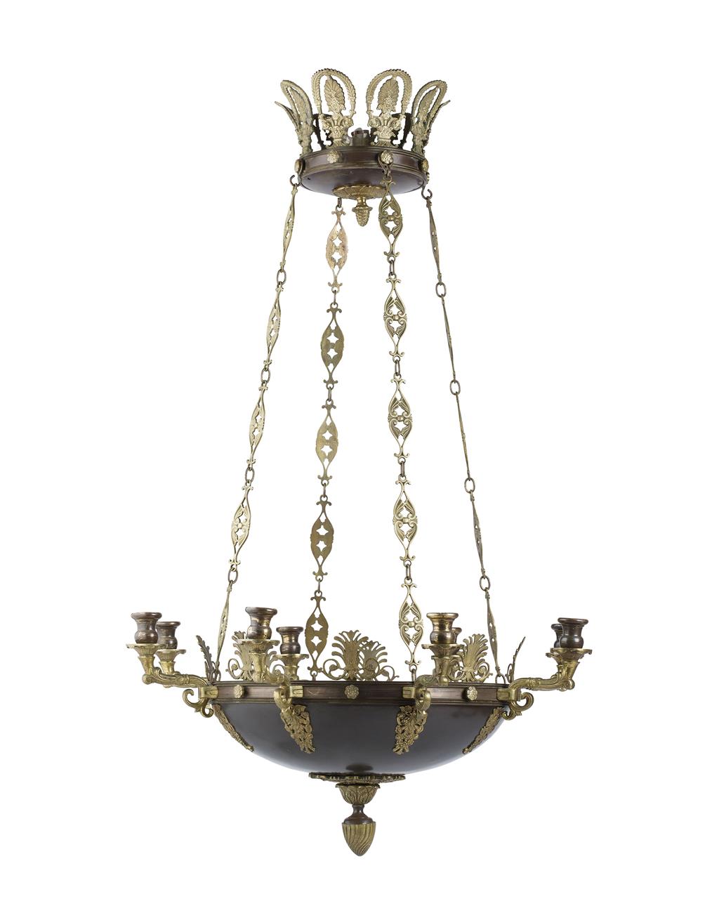 Appraisal: FRENCH EMPIRE STYLE GILT AND PATINATED BRONZE EIGHT BRANCH HANGING