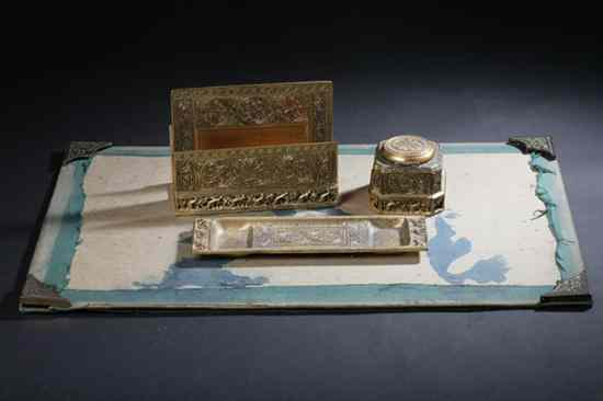 Appraisal: THREE PIECES TIFFANY STUDIOS ENAMELLED BRONZE ''VENETIAN'' DESK SET Circa