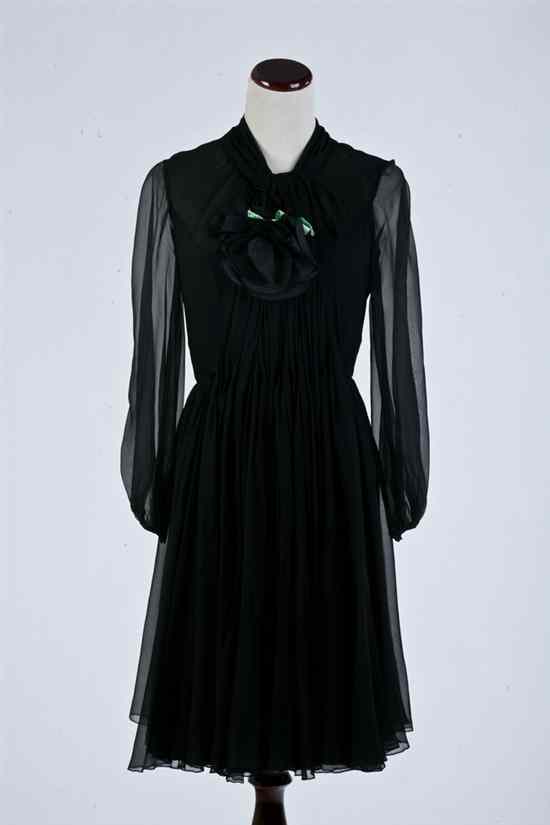 Appraisal: SARMI BLACK CHIFFON DRESS Sheer sleeves pleated skirt keyhole back