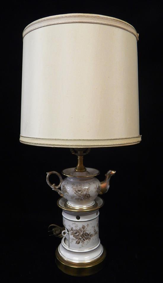 Appraisal: Porcelain veuilleuse converted to table lamp white ground brunaille floral