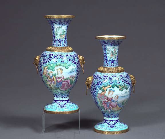 Appraisal: Pair of Chinese Export Gilt-Brass-Mounted Blue-and-White Enamel Garniture Vases each