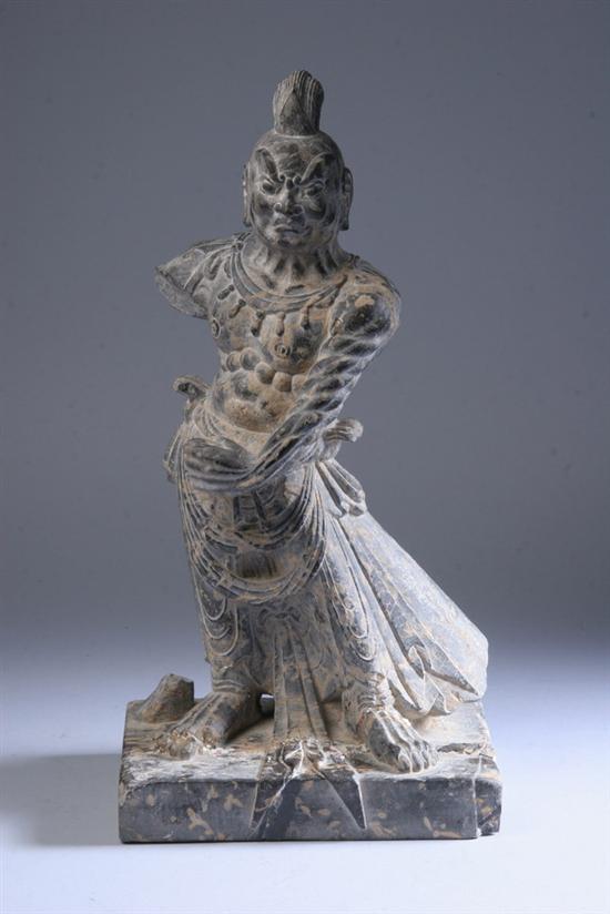 Appraisal: CHINESE GREYSTONE FIGURE OF A WARRIOR Tang Dynasty style Ming