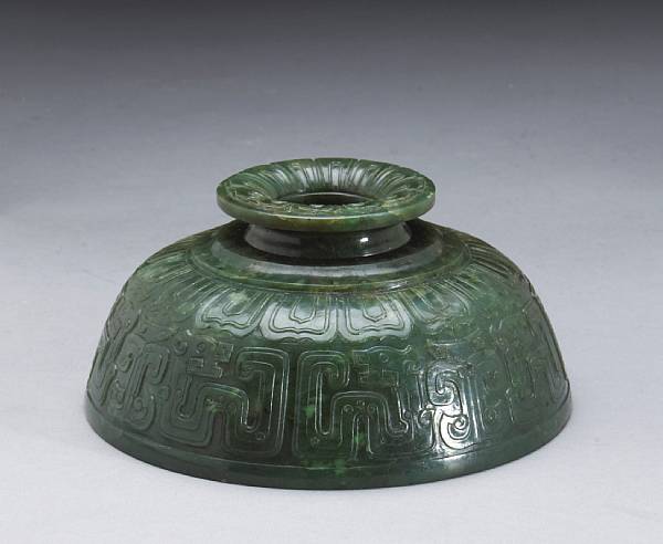 Appraisal: A 'spinach' jade censer cover Of shallow bell form its