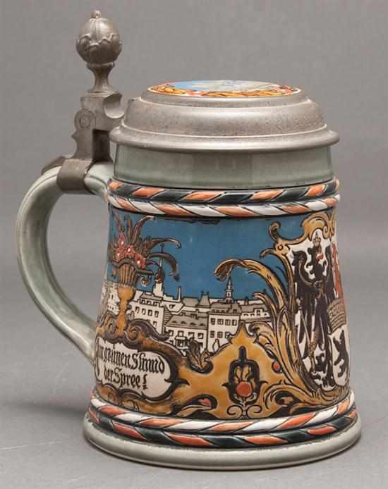 Appraisal: Mettlach pewter-mounted salt-glazed stoneware stein of litre capacity late th