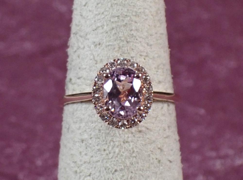 Appraisal: KUNZITE DIAMOND HALO AND FOURTEEN KARAT GOLD RING The rose