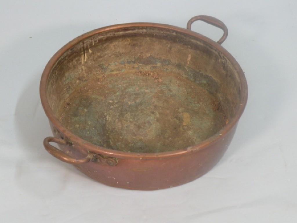 Appraisal: A thC circular copper two handled pan cm wideProvenance Barbara