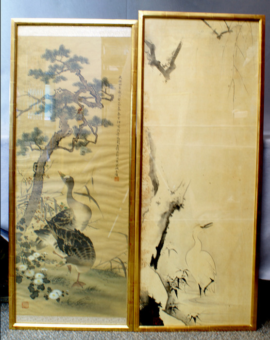 Appraisal: Japanese painted scrolls on silk depicting an egret with staining