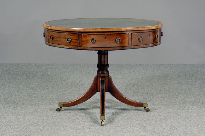 Appraisal: REGENCY MAHOGANY DRUM TABLE The round crossbanded top with tooled