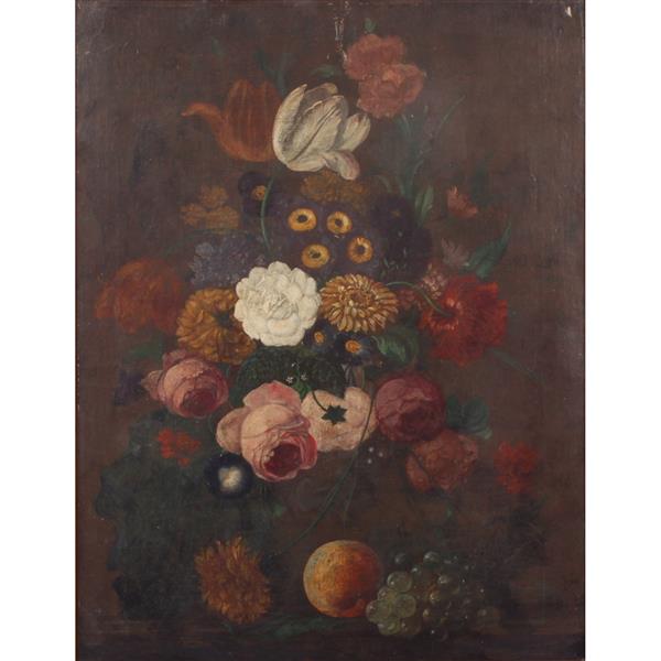 Appraisal: Dutch School floral still life with tulips and fruit Relined