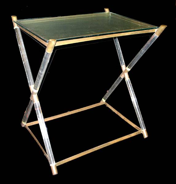 Appraisal: A contemporary brass lucite and mirrored side table with glass