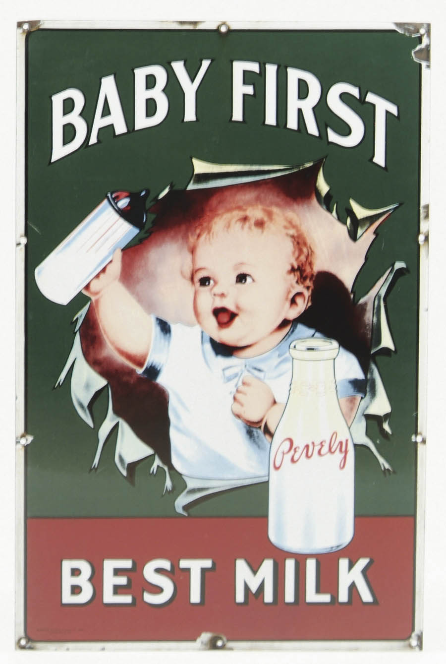 Appraisal: PEVELY MILK PORCELAIN SIGN Transfer printed image of animated baby