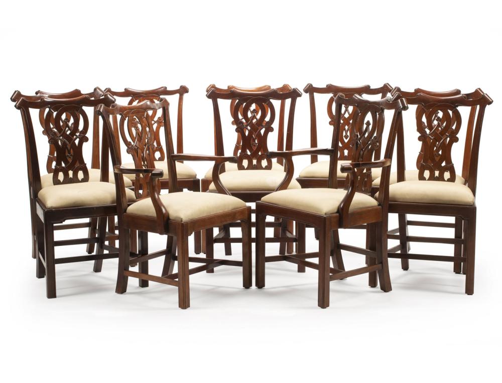 Appraisal: Ten Chippendale-Style Mahogany Dining Chairs scrolled crest rail elaborately pierced