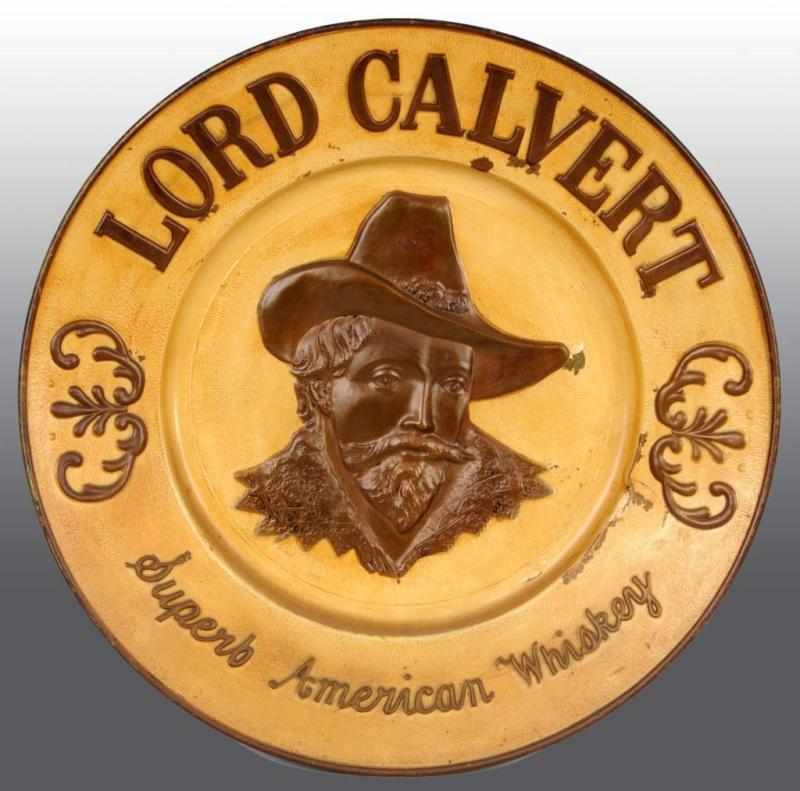 Appraisal: Tin Lord Calvert Whiskey Charger Description Nice three-dimensional image of