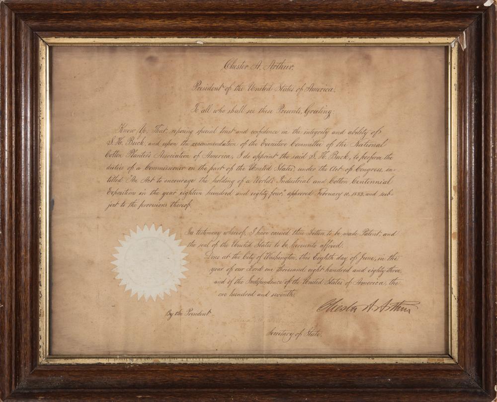 Appraisal: President Chester Arthur Signed Appointment for World's Industrial and Cotton