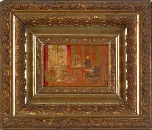 Appraisal: Pair of French oil on board interior scenes th c