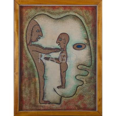 Appraisal: EDWIN SCHEIER - Sand painting of mother and child Green