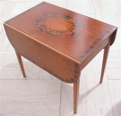 Appraisal: Sheraton style painted satinwood pembroke table The oval hinged floral