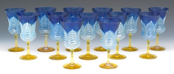 Appraisal: DURAND PEACOCK FEATHER ETCHED ROSE GOBLETS Thirteen cobalt blue and