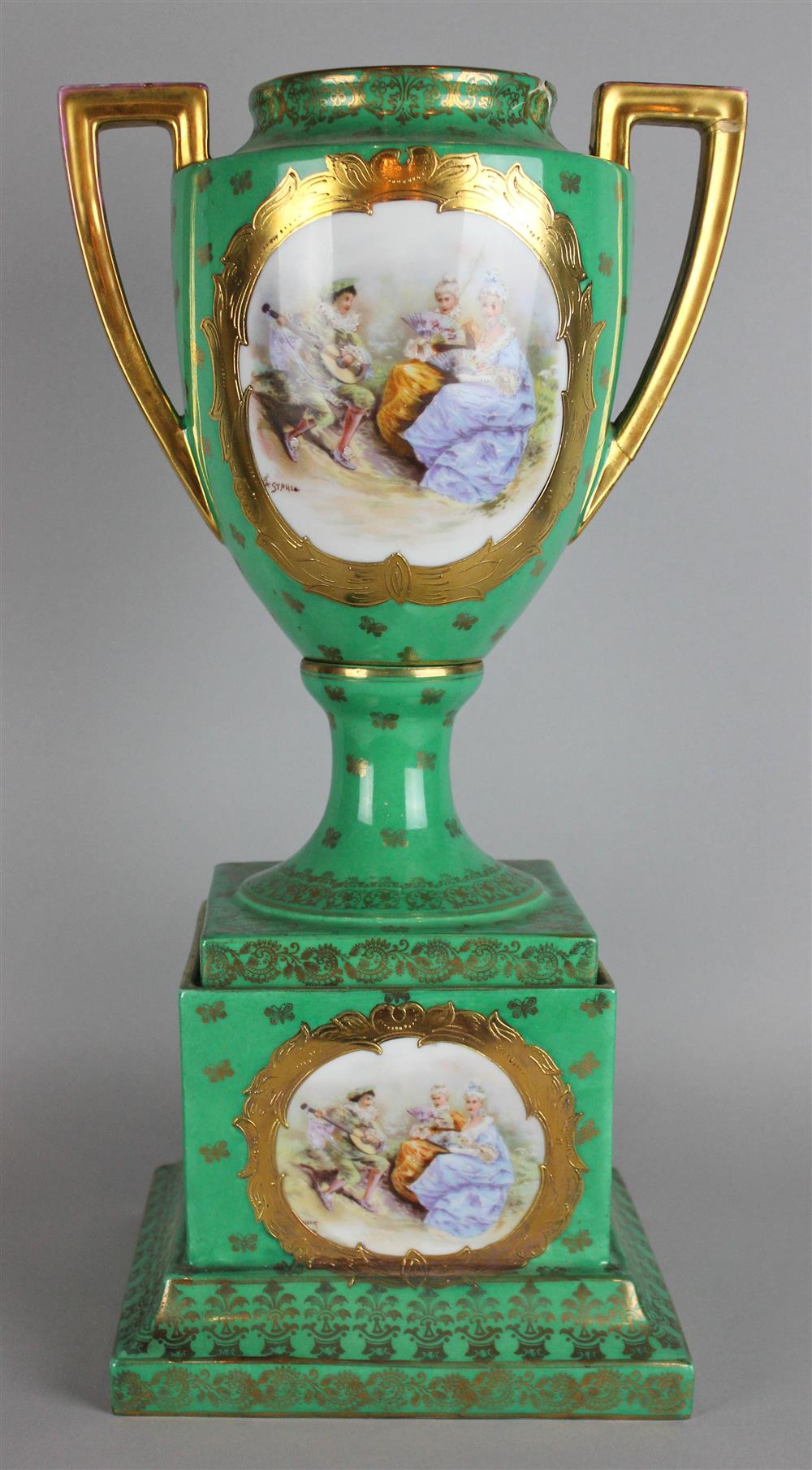 Appraisal: VIENNA-STYLE GREEN GROUND URN blue printed beehive mark with gilt