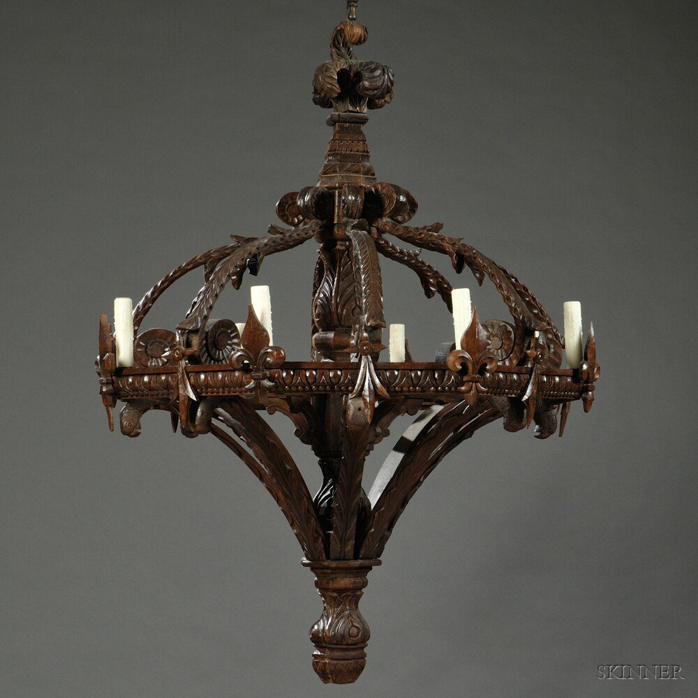 Appraisal: Baroque-style Walnut Eight-light Chandelier th century with a central stem