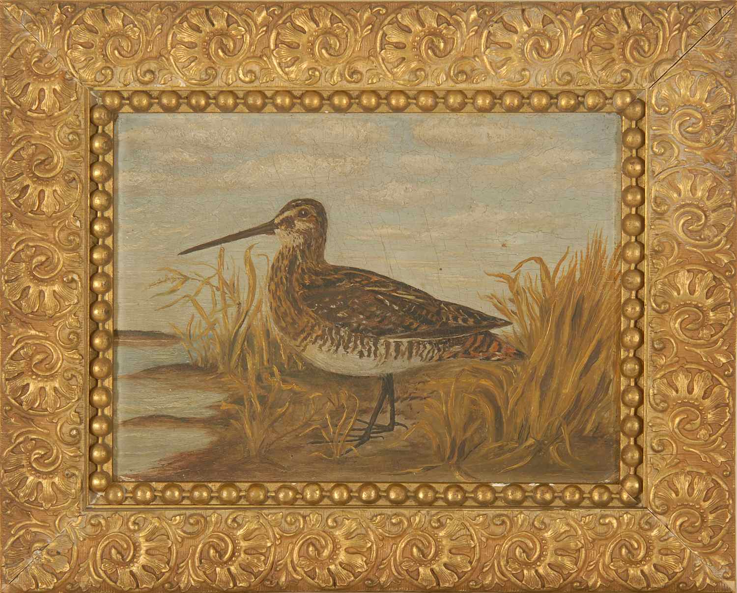 Appraisal: FRAMED PRIMITIVE PAINTING Marsh scene with a jack snipe Unsigned