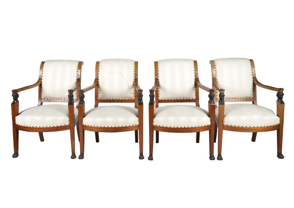 Appraisal: FOUR EMPIRE STYLE ARMCHAIRSCondition staining to upholstery inches wide inches