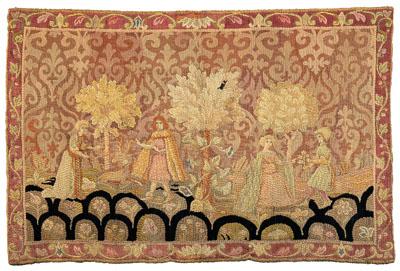 Appraisal: Tapestry courting scene coarsely woven with two courting scenes separated