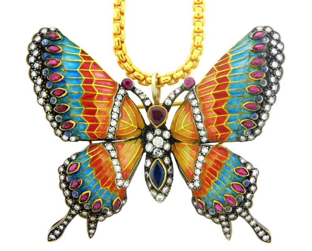 Appraisal: JEWELRY K Enameled butterfly pendant brooch with chain details include