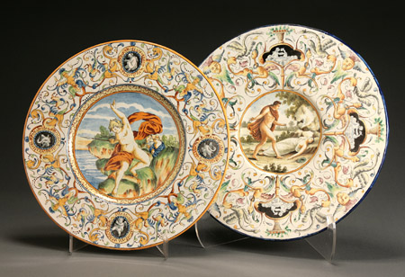 Appraisal: Two Italian Maiolica Pictorial Chargers The first depicting Eros and