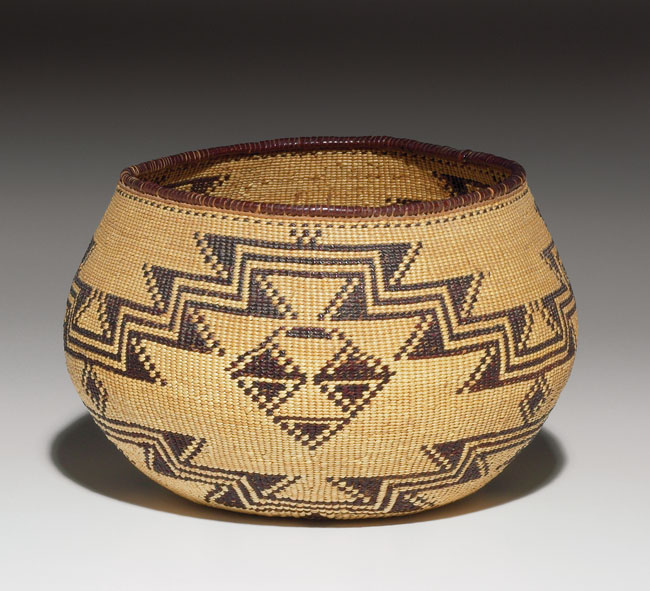 Appraisal: Pit River basket polychrome geometric design and wrapped rim w