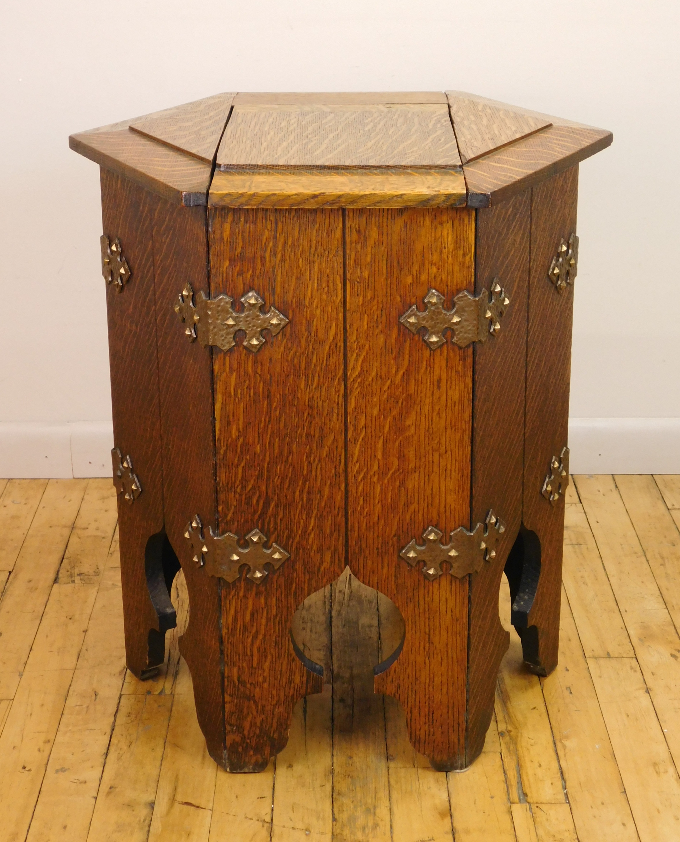 Appraisal: Mission style oak hexagonal side table with storage small area