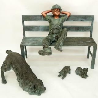 Appraisal: Life-Size Modern Bronze Sculpture Boy On Bench With Cats and