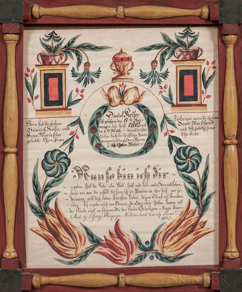 Appraisal: Pennsylvania Watercolor Fraktur Pennsylvania Watercolor Fraktur J George Busyaeger Westmorland