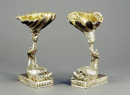 Appraisal: Pair silverplate dolphin-form compotes shell-form bowl supported on figural dolphin