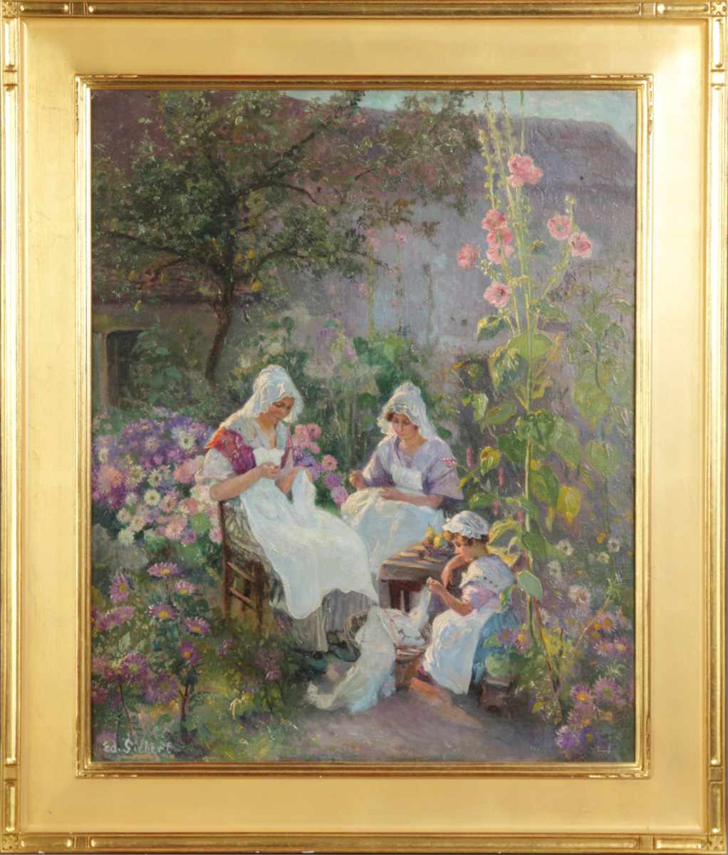 Appraisal: Ed Siebert American - Women child sewing in flower garden