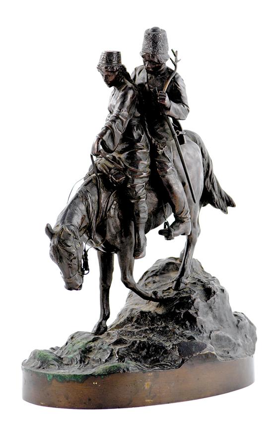 Appraisal: Russian late th century COSSACKS ON HORSEBACK bronze with dark