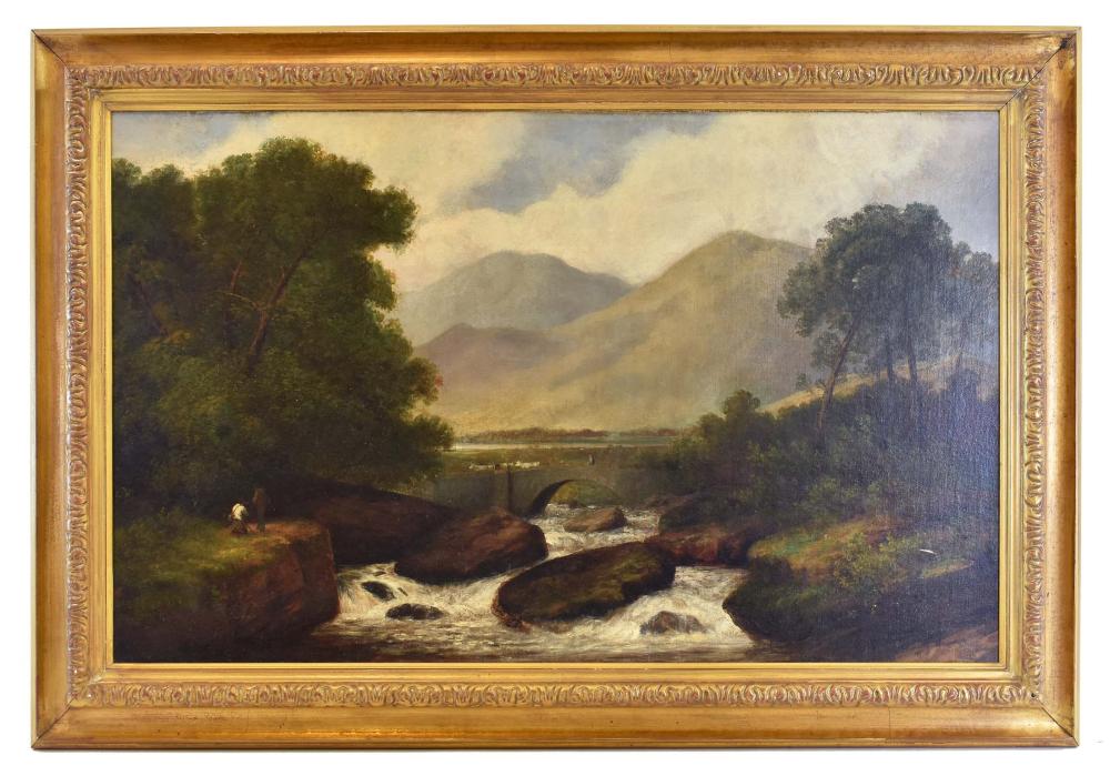 Appraisal: EUROPEAN SCHOOL TH CENTURY Landscape with a Bridge Over a