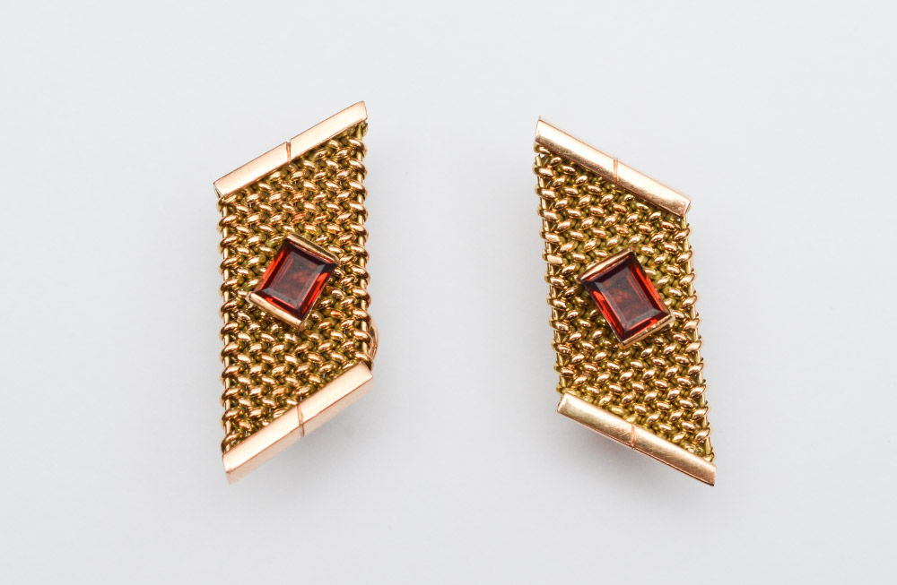 Appraisal: K GARNET EARRINGS K yellow gold cufflinks contain emerald cut