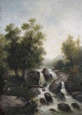 Appraisal: W Franz German Austrian c Wooded landscape with a waterfall