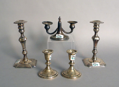 Appraisal: Five sterling silver weighted candlesticks h - tallest