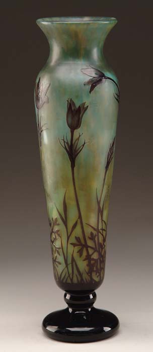 Appraisal: DAUM NANCY VASE Beautiful Daum vase has purple tulips and