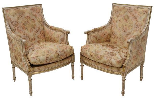 Appraisal: pair French Louis XVI style armchairs having scrolling armrests back