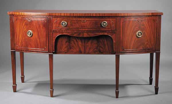 Appraisal: An Antique English Hepplewhite-Style Mahogany Sideboard the bowed banded top