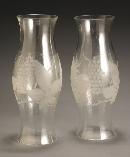 Appraisal: Pair of Etched Glass Baluster Hurricane Shades th Century Each