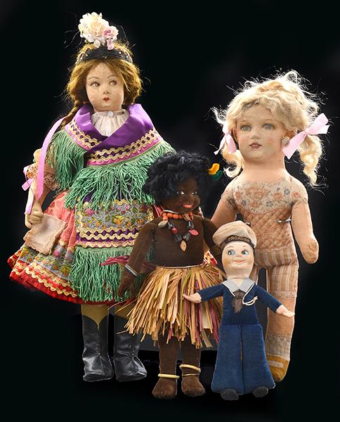 Appraisal: FOUR FABRIC DOLLS including a Norah Welling tribal girl the