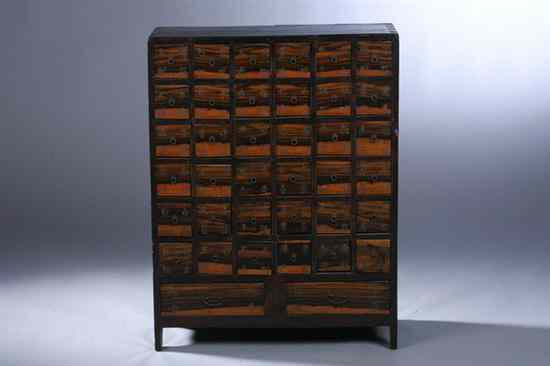 Appraisal: KOREAN PERSIMMON WOOD MEDICINE CHEST Rectangular outline with thirty eight