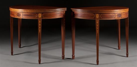 Appraisal: Pair of Federal style inlaid mahogany demilune flip-top games tables