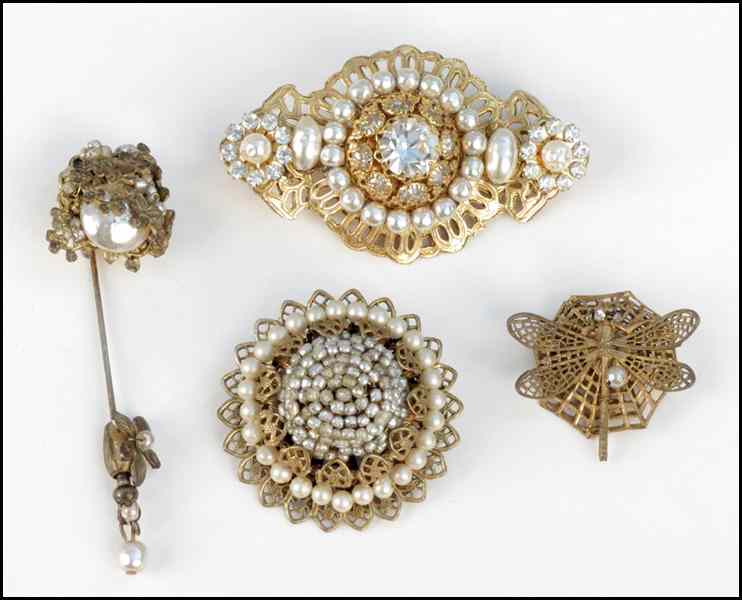 Appraisal: THREE MIRIAM HASKELL FAUX PEARL BROOCHES Together with a Miriam