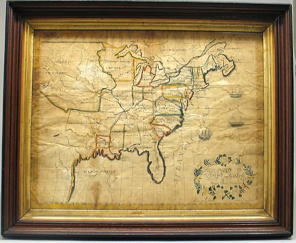 Appraisal: A framed painted paper map of the United States Harriet