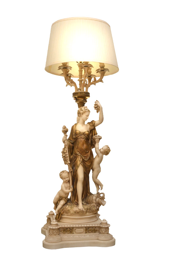 Appraisal: TALL NEOCLASSICAL FIGURAL WHITE METAL LAMP Woman with two putti